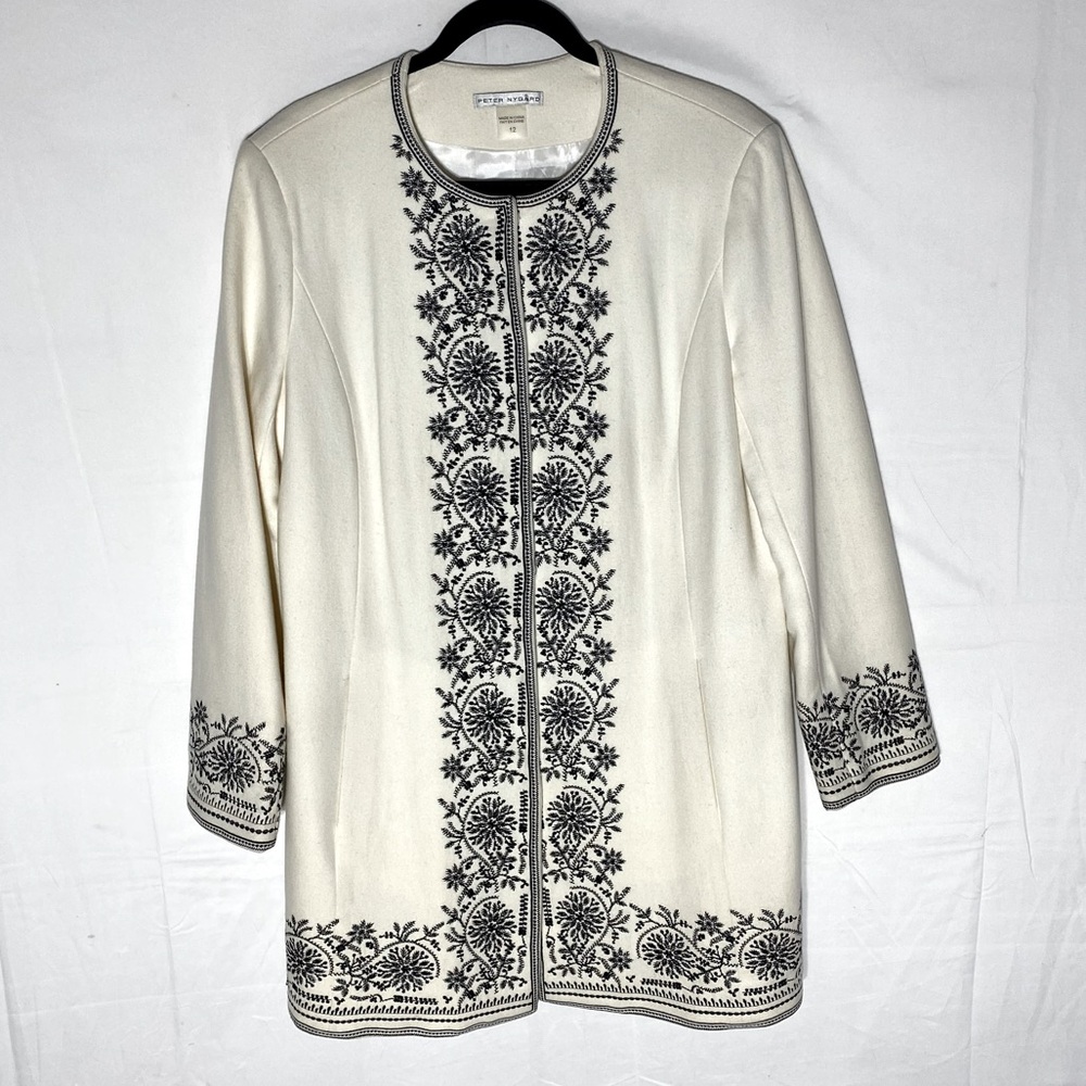 Peter Nygard Cream W Black Embroidery Wool Blend Overcoat 12 Boho